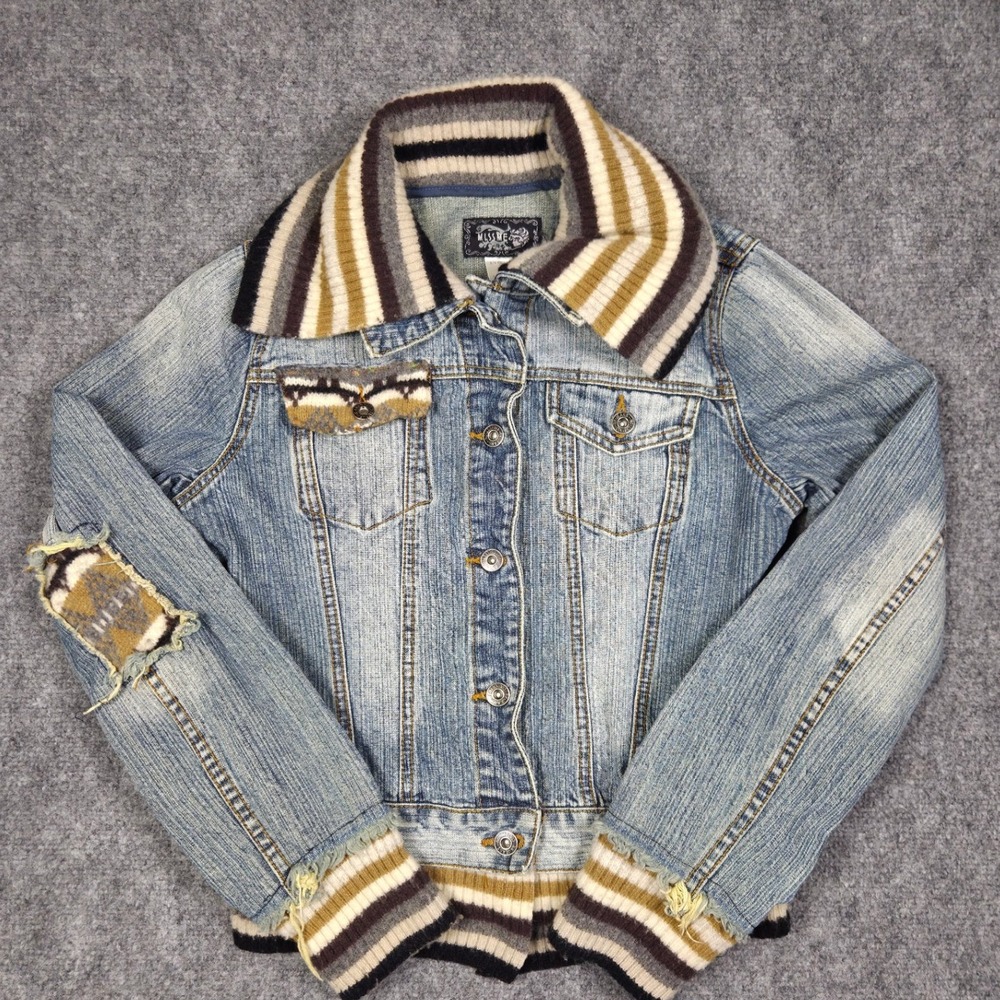 Miss Me Denim Jacket Womens M Blue Knit Trim Distressed Southwestern T4980